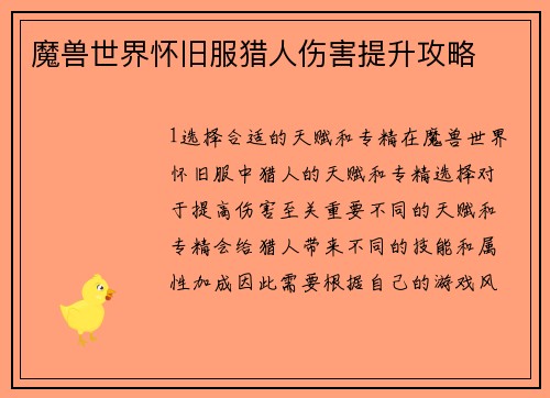 魔兽世界怀旧服猎人伤害提升攻略